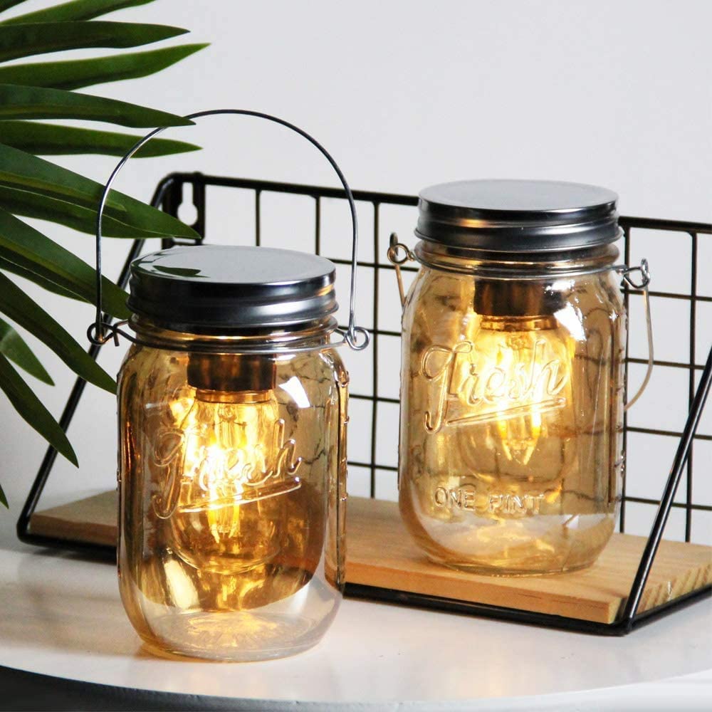 Outdoor Mason Jar Lights Hanging, 2-Pack LED Decorative Garden Lanterns with Timer, Battery Operated Vintage Glass Light for Patio Camping Courtyard Backyard Tree Hallway Stairs Farmhouse (2*Amber)