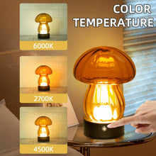 Load image into Gallery viewer, Mushroom Lamp Battery Operated Table Lamp with LED Beads Glass Shade Rechargeable Cordless Lamp Touch Control 3 Color Dimmable Bedside Lamp, Small Nightstand Lamp for Power Outage Bedroom（Walnut）
